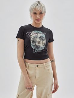 Guess Originals, Donna, T-Shirt Cropped Stampa Frontale, Nero, L 
