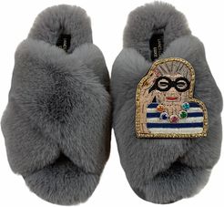 Laines Cloud Grey Super Fluffy Slippers With Deluxe Artisan Fashion Icon Brooch