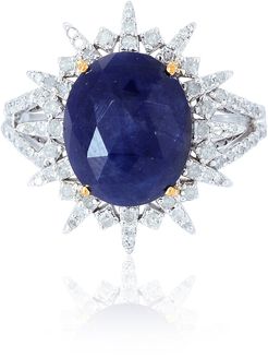 18Kt Solid White Gold Blue Sapphire Pave Diamond Silver Ring