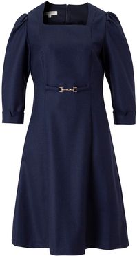 Square Neckline Wool Dress - Navy