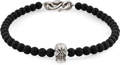 Skull Bracelet in Sterling Silver with Diamonds Black Onyx & Snake Clasp