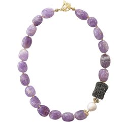 Nugget Amethyst With Black Rhinestone & Edison Freshwater Pearl Necklace