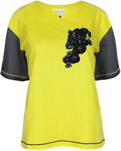 Raphaelle Yellow & Grey Short Sleeves Cotton Blouse With Handmade Embroidery