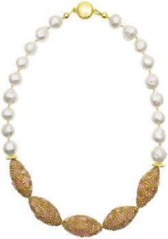 Freshwater Pearls With Rhinestone Bordered Rose Quartz Short Necklace
