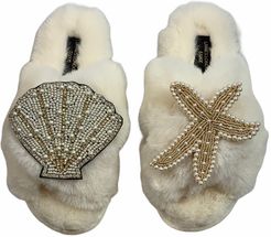 Laines Cloud Cream Slippers With Double Artisan Pearl & Gold Seashell & Starfish Brooches