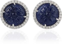 18Kt Solid White Gold Carving Blue Sapphire Stud Earrings
