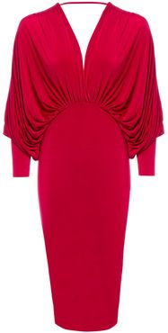 Lea Red Plunge Front and Back Batwing Midi Dress