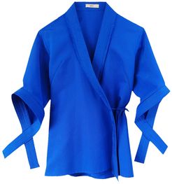 Blue Silk Cotton Faille Wrap Top With 3/4 Sleeves & Criss-Cross Details