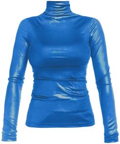 Soft Touch Metallic Turtleneck Long Sleeve Top In Blue