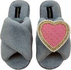 Classic Laines Grey Slippers With Deluxe Artisan Pink Quilted Heart Brooch