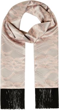 Lace Print Grey & Pink Scarf With Soft Black Fringe