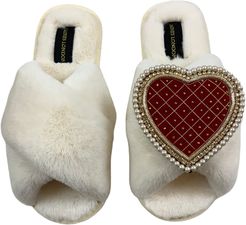 Classic Laines Cream Slippers With Deluxe Artisan Red Quilted Heart Brooch