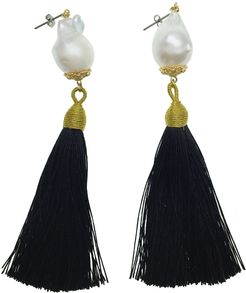 Baroque Pearl With Black Tassel Earrings