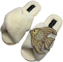 Classic Laines Cream Slippers With Deluxe Artisan Crystal & Pearl & Gold Angel Fish Brooch