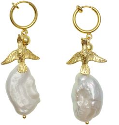 Freshwater Pearl With Bird Charm Clip-On Hoop Earrings