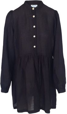 Mini Linen-Blend Dress With Front Buttons - Black
