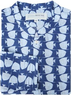 Collarless Linen Fish Shirt In Airforce Blue