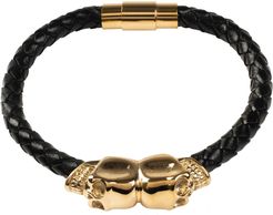 Skull Black Leather Bracelet Gold