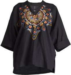 Amsterdam Spring Mandala Embroidered Linen Kimono Top Black