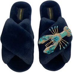 Classic Laines Navy Slippers with Artisan Pearl Blue Lobster Brooch
