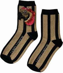 Black & Gold Shimmer Stripe Cotton Socks With Premium Deluxe Crystal Mccaw Brooch