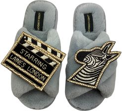 Classic Laines Grey Slippers With Double Deluxe Artisan Zebra Movie Brooch