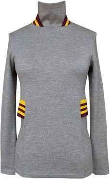 Gray Turtleneck With Maroon & Gold Knit Rib Detail