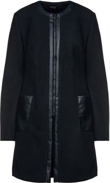 Black Mouflon Coat With Faux Leather Detail