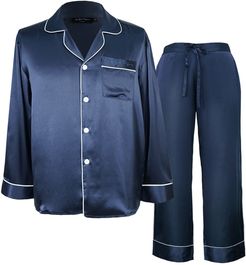 Classic Men Silk Pajama 2-Piece Set - Dark Blue