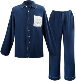 Pocket Embroidery Long Pajama Set - Dark Blue