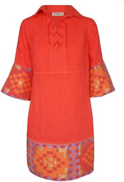 Lace Up Neck Mini Linen Dress With Embroidered Panels - Coral Reef