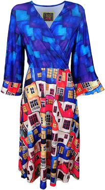 Double Breasted House Pattern Digital Print Dress With & Felt Necklace