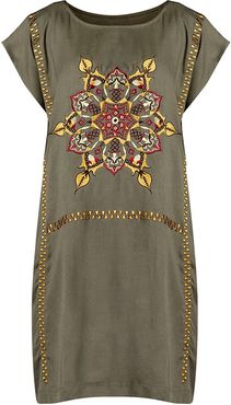 Fire Mandala Embroidered Boat-Necked Kaftan Dress