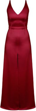 Delina Deep Red Satin Maxi Dress With Front Slit