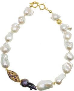 Baroque Freshwater Pearls With Rhinestone Bordered Amethyst Short Necklace