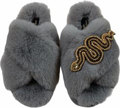 Laines Cloud Grey Super Fluffy Slippers With Artisan Black & Gold Snake Brooch