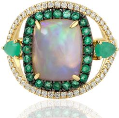 18Kt Yellow Gold Pave Diamond Natural Emerald Opal Ethiopian Ring