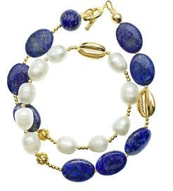 Natural Lapis With Freshwater Pearls Double Wrapped Bracelet
