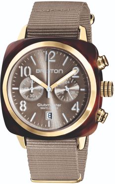 Briston Clubmaster Classic Chronograph Tortoise Shell Acetate, Sunray Grey Taupe Dial And Yellow Gold