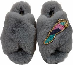Laines Cloud Grey Super Fluffy Slippers With Deluxe Artisan Crystal Colourful Parrot Brooch