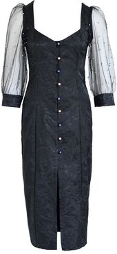 Black Cotton Jacquard Dress Verna With Pearls Buttons & Sleeves
