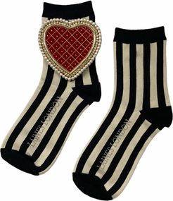 Black & Cream Red Stripe Socks With Deluxe Artisan Red Quilted Heart Brooch