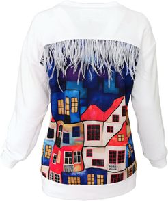 White Cotton Sweatshirt With House Pattern Print On The Back