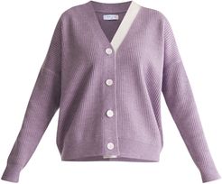Knitted Cardigan With Side Neck Stripe In Lilac & White