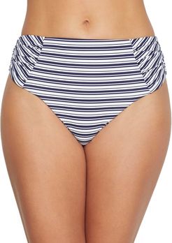 Newport Stripe Ruched High-Waist Bikini Bottom