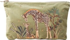 Giraffe Mother and Baby Olive Velvet Everyday Pouch