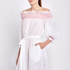 Smocked Sheer Off-Shoulder Dress in White Sheer Linen w/Pink Smocking, II
