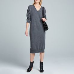 Cashmere V-Neck Dress in Granite Melange, Size 0