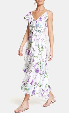 Isadora Ruffle Wrap Slip Dress in White/Purple/Dali Surreal, Size UK 6