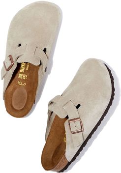 Boston Suede Slides Sandal in Taupe, Size 6